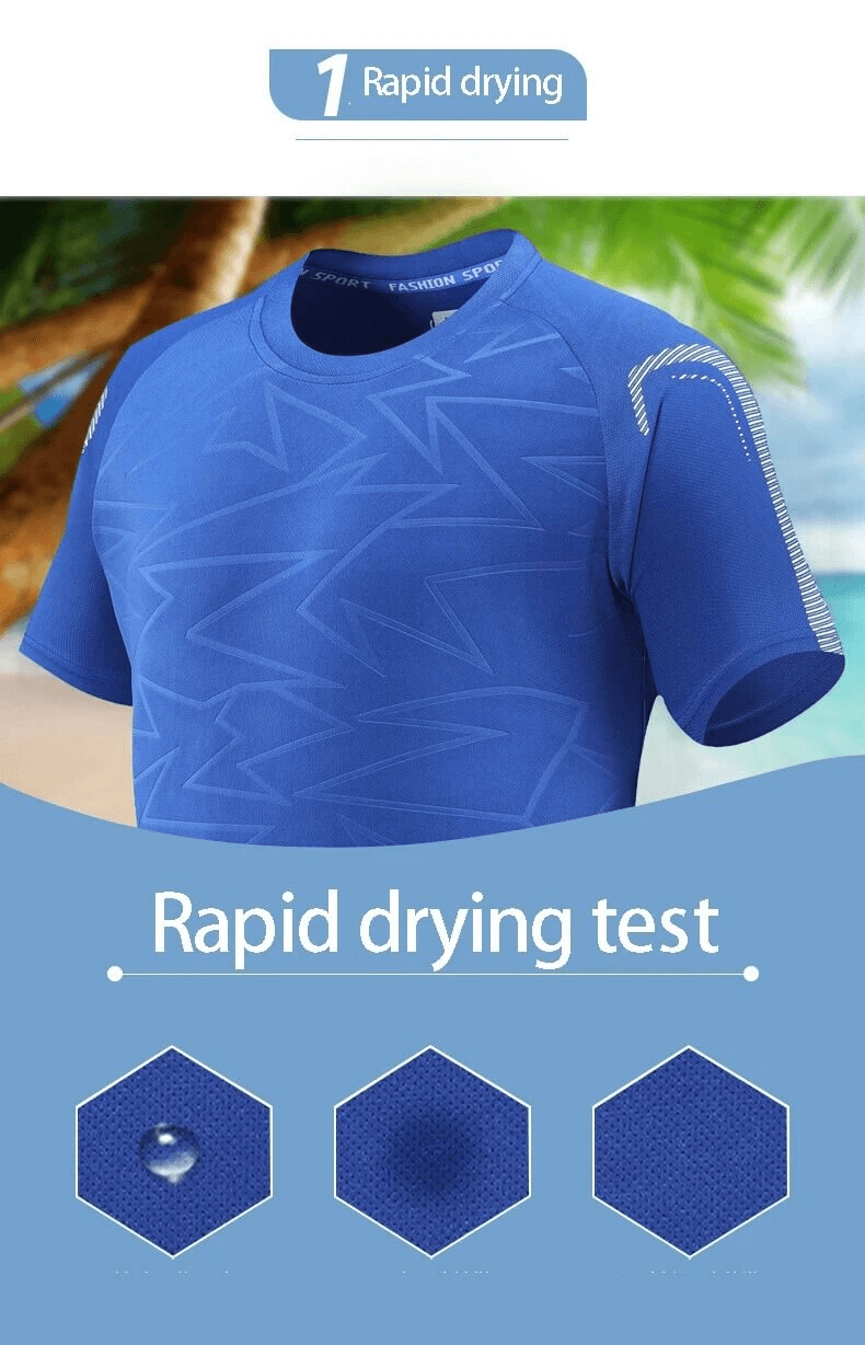 Blue Men's Performance T-Shirt showcasing rapid drying test against a beach backdrop, highlighting breathable and quick-dry features.
